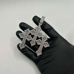Moissanite Baguette Cut Triple Cross Pendant Thick Heavy Quality Silver VVS1